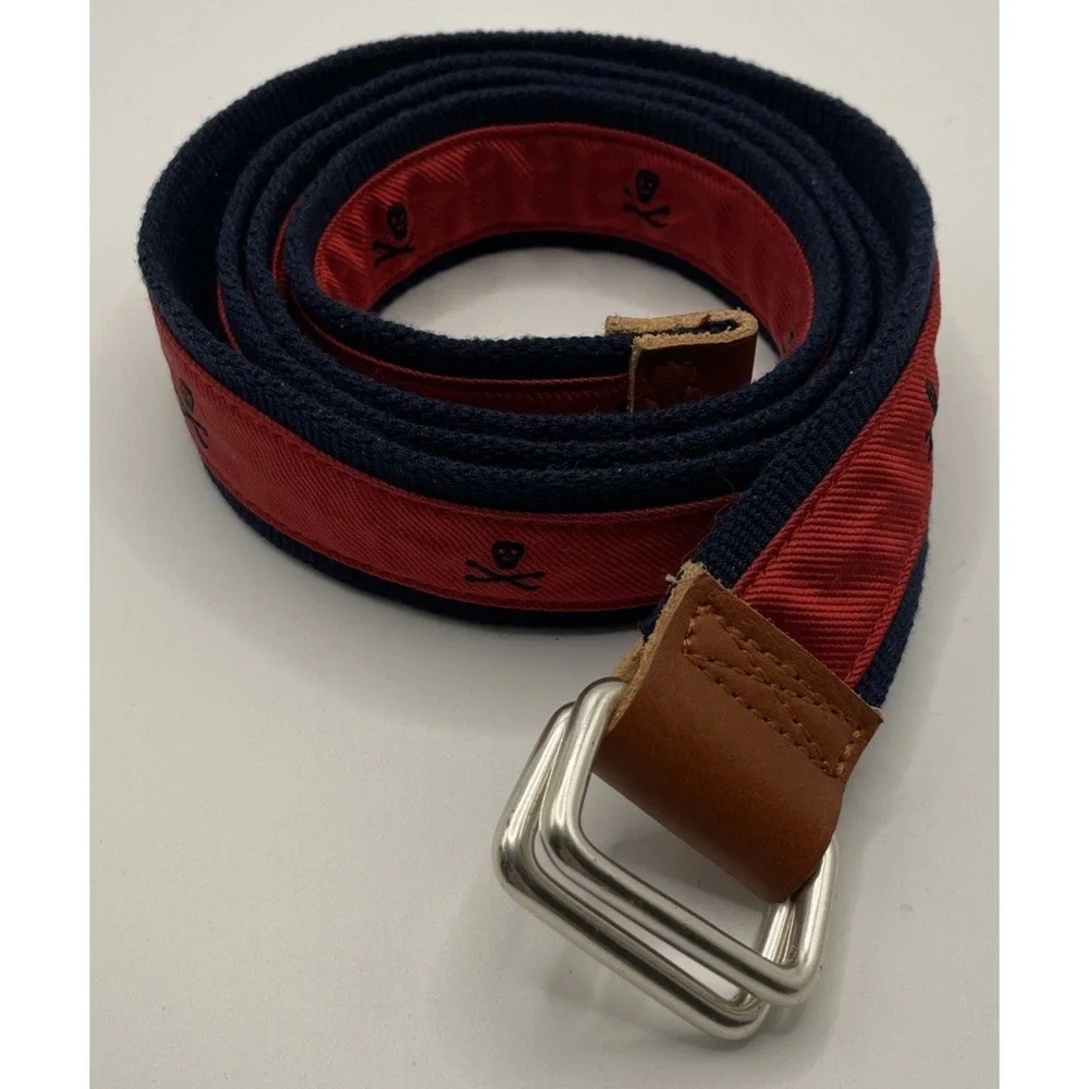 J. McLaughlin Red Blue Canvas Embroidered Skull And Crossbones Belt Women's L